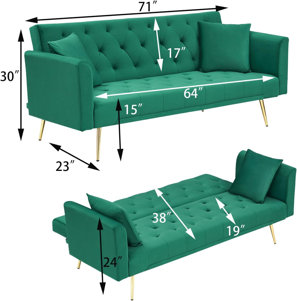 71' Modern Velvet Sofa Bed Futon, Convertible Sleeper Couch with Adjustable Backrest, Tufted Recliner Loveseat with Golden Chrome Legs & 2 Pillows for Small Spaces, Living Room, Apartment (Green)