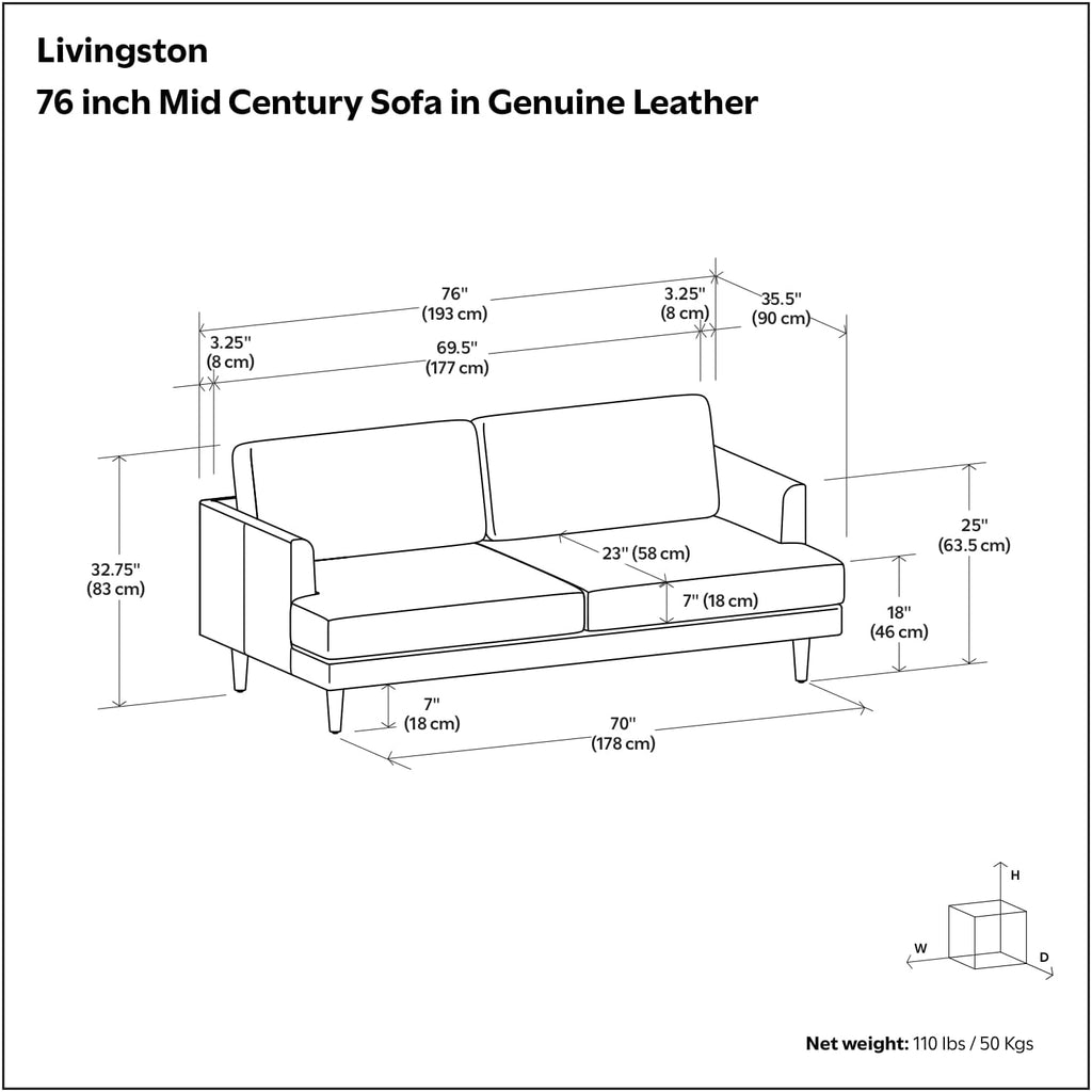 SIMPLIHOME Livingston Sofa - 76' Wide x 33' High Top Grain Genuine Leather Sofa in Caramel Brown, Mid-Century Modern Loveseat with Removable Feather-Wrapped Cushions and Solid Wood Frame
