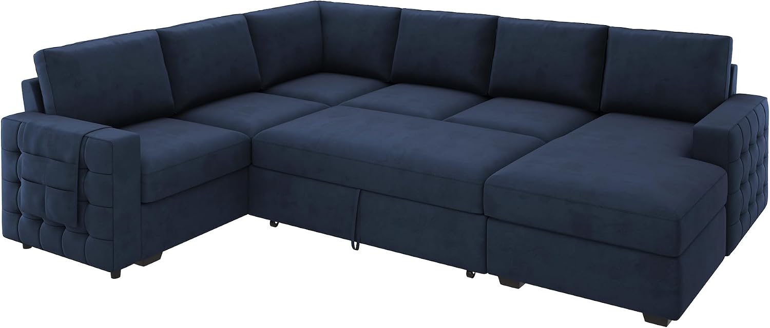 HONBAY Sleeper Sectional Couch with Pull-Out Bed Sectional Sleeper Sofa Pull Out Bed with Storage Chaise, 6 Seaters Couch for Living Room, Velvet Blue