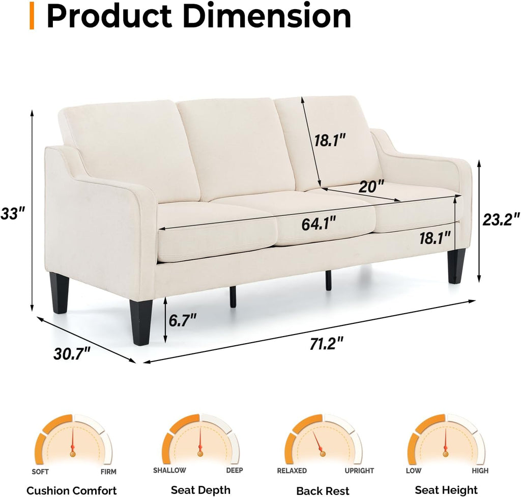 VINGLI Small Couch Sofa 71' Comfy Couches for Living Room Beige 3 Seat Sofa Couch Mid Century Modern Sofa Furniture Couches with Scooped Arms for Small Spaces, Bedroom, Apartment, Studio