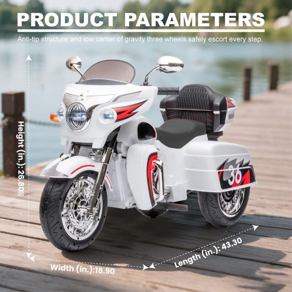 Kids Motorcycle | 12V Electric Motorcycle for Kids Ages 3-8 | 2-Seat, 3-Wheel Toy Car with Bluetooth, LED Lights | Safe Toy Vehicle Gift (White)