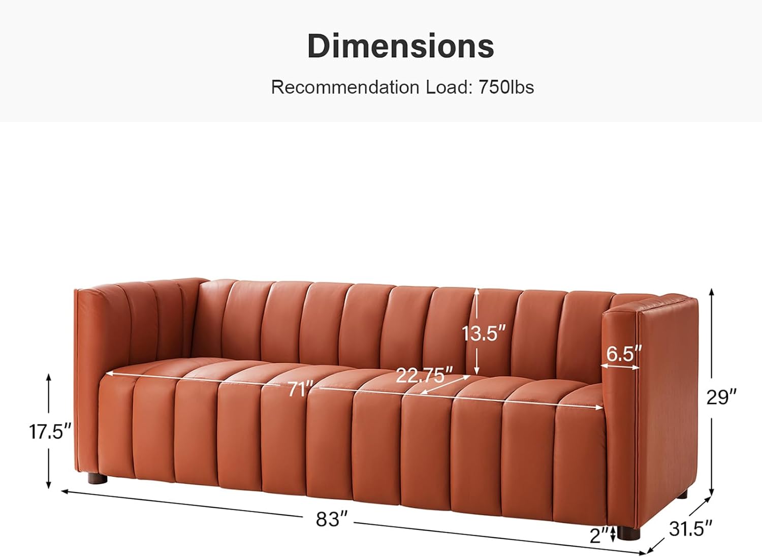 HULALA HOME 83' Genuine Leather Sofa with Channel Tufted Design, 3-Seater Sofa for Living Room Bedroom, Modern Oversized Couch with Wood Legs, Brick