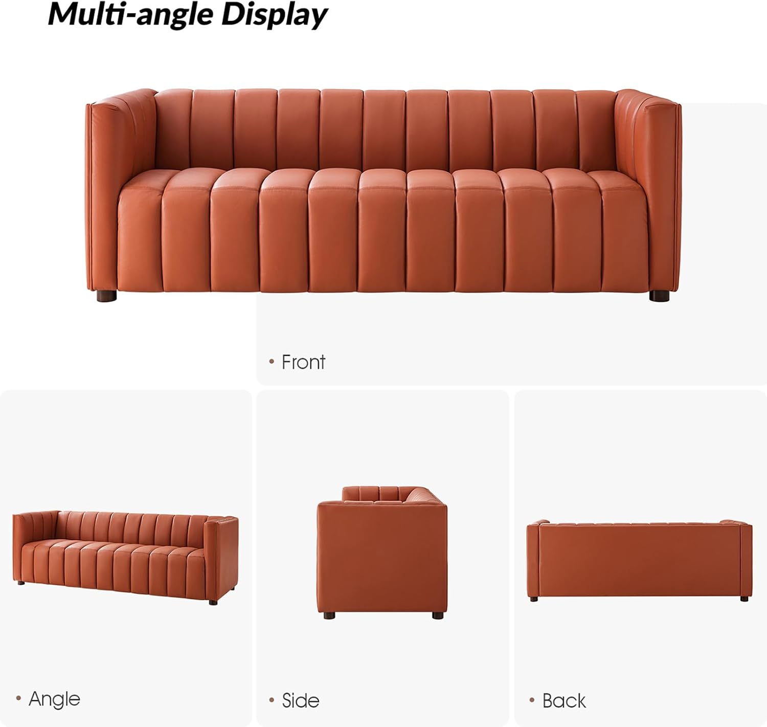 HULALA HOME 83' Genuine Leather Sofa with Channel Tufted Design, 3-Seater Sofa for Living Room Bedroom, Modern Oversized Couch with Wood Legs, Brick