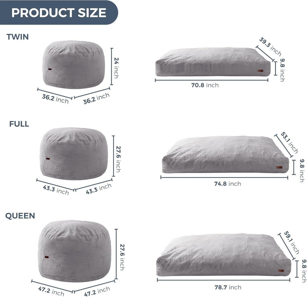 MAXYOYO Giant Bean Bag Chair Bed for Adults, Convertible Beanbag Folds from Lazy Chair to Floor Mattress Bed, Large Floor Sofa Couch, High-Density Foam Filling, Machine Washable, Grey, Flull