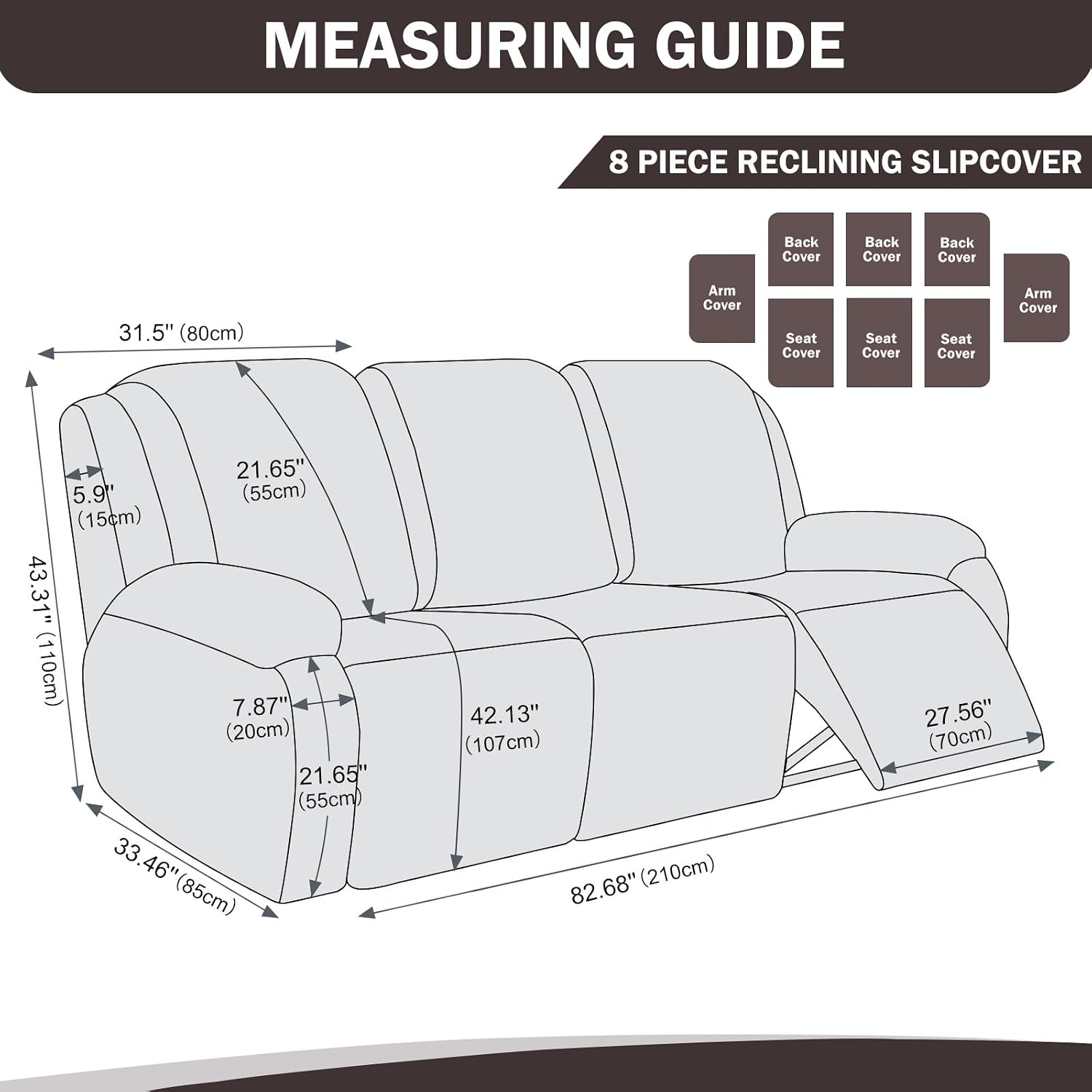 vctops 8 Pieces Waterproof Faux PU Leather Recliner Sofa Covers Stretch Soft 3 Seats Couch Cover Anti-Slip Sofa Slipcover Furniture Protector with Elastic Bottom for Kids Pet(Dark Coffee,3 Seat)