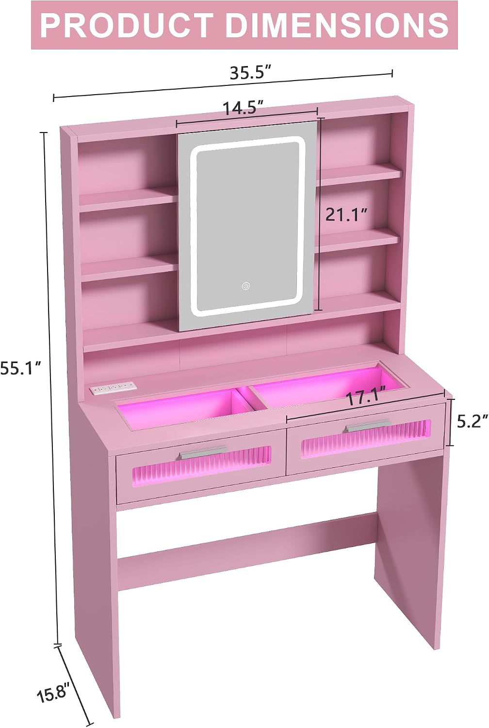 Hadulcet Pink Vanity Desk with Mirror and Lights, 35.5' Small LED Makeup Vanity Desk with 2 Acrylic Drawers, 6 Storage Shelves and Power Outlets for Girls Women Bedroom Dressing Room