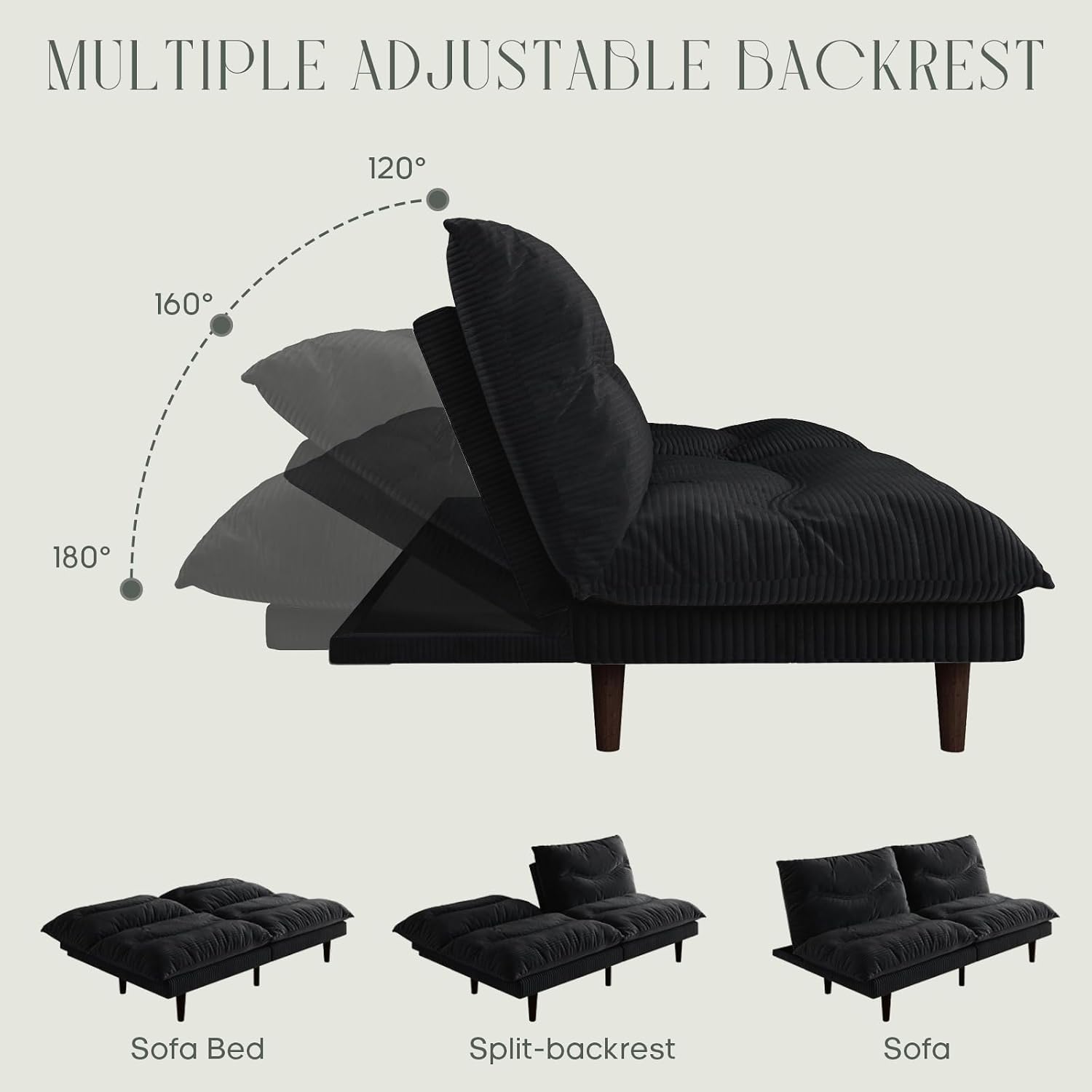 DreamDashio Futon Sofa Bed, 69 inch Futon Couch with Adjustable Backrest, Corduroy Convertible Sleeper Sofa Bed, Folding Sleeper Recliner for Apartment, Living Room, Office, Black