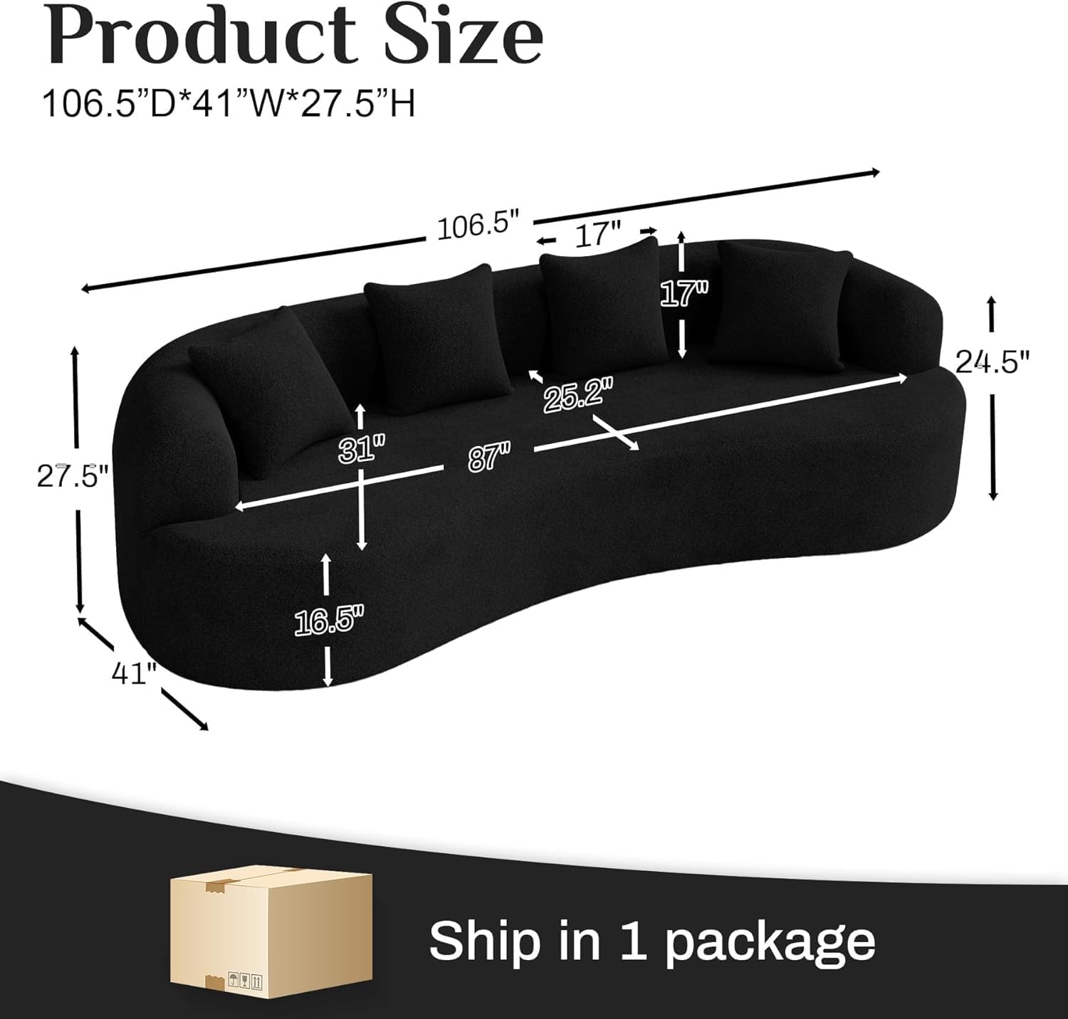 Oversized Sectional Sofa for Living Room, Modern Luxury Plush Chenille 4-Seater Extra Deep & Wide Seat Curved Cloud Couch with 4 Throw Pillows, No Assembly Needed, Black