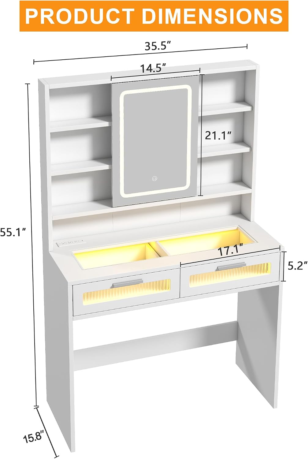 Hadulcet 35.5' Small Vanity Desk with Mirror and Lights, White LED Makeup Vanity Desk with 2 Acrylic Drawers, 6 Storage Shelves and Power Outlets for Girls Women Dressing Room