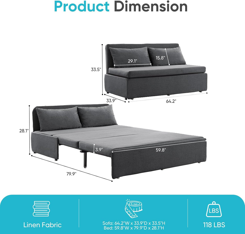 CECER 64.2' Queen Size Pull Out Sofa Bed, Pull Out Couch Bed with 2 Pillows, Linen Convertible Sleeper Sofa with Comfy Mattress, 2 in 1 Armless Loveseat Sleeper for Living Room-Dark Grey