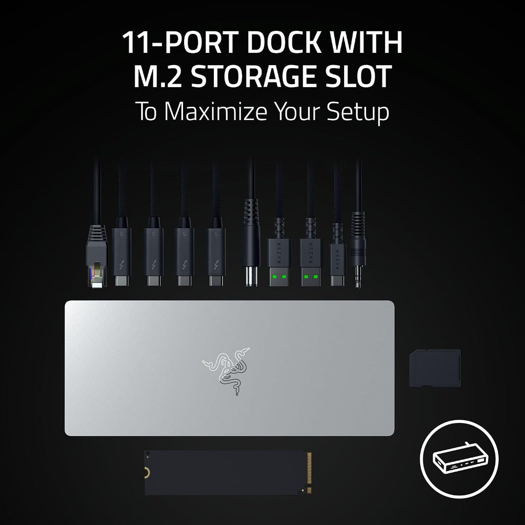 Razer Thunderbolt 5 Dock: 11 Port Docking Station with M.2 SSD Slot - 120Gbps Transfer Speeds - 3X 4K Displays at 144 Hz on TB5/4 Laptops - 140W PD Charging - Active Cooling - TB Share - Mercury