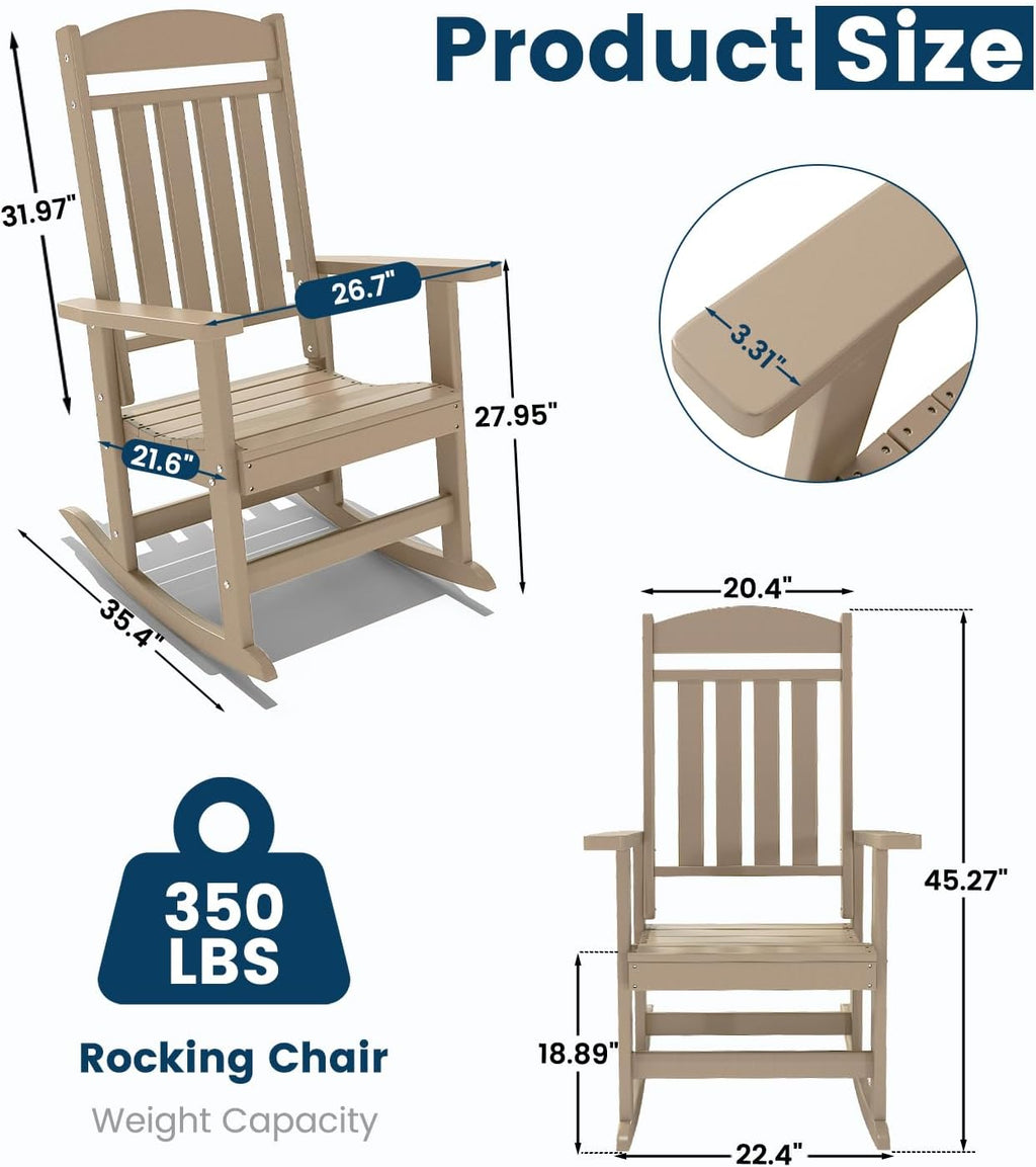 FOOWIN Outdoor Rocking Chair Set of 2, High Back Patio Rocking Chair, HDPE All Weather Resistant Porch Rocker for Adult, Oversized Rocking Chairs for Garden, Lawn, Indoor & Outdoor Use, Brown