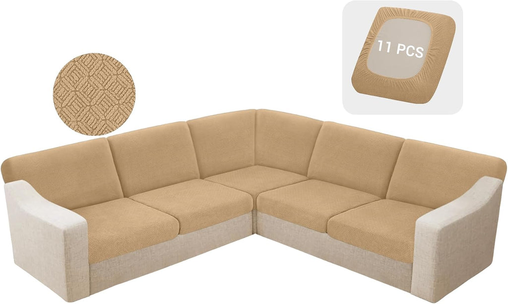 HDCAXKJ Waterproof Sectional Couch Cushion Covers 11 Pieces Stretch Jacquard L Shaped Corner Sofa Slipcover Back Cover Soft Sofa Seat Cushion Covers for Dogs Pet (5 Seater and 6 Backrest, Apricot)