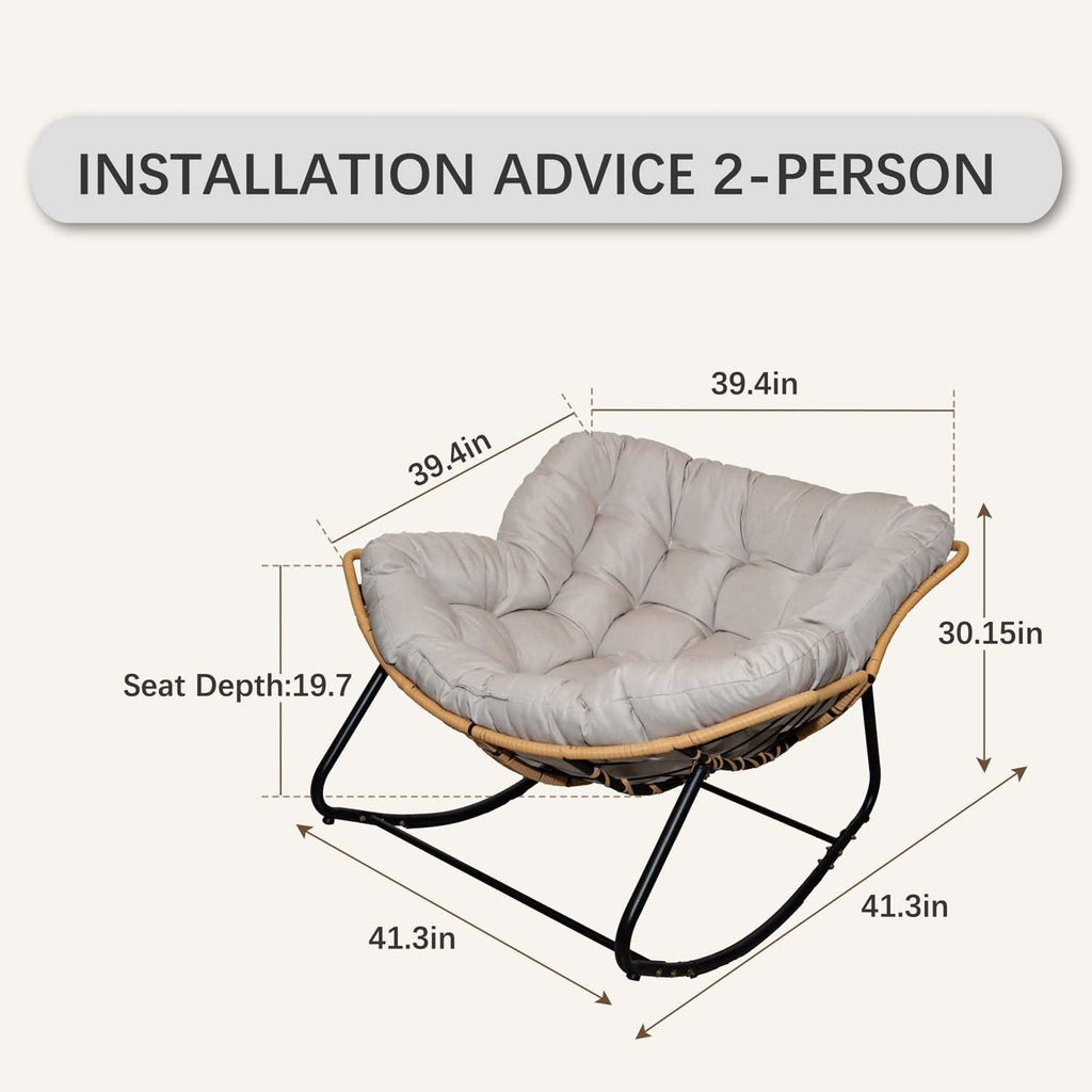 Oversized Papasan Rocking Chair Outdoor/Indoor, Boho Egg Wicker Recliner with Thick Cushion, Versatile Comfy Garden Seating Chairs for Living Room, Bedroom, Balcony, Patio (Beige+Black)
