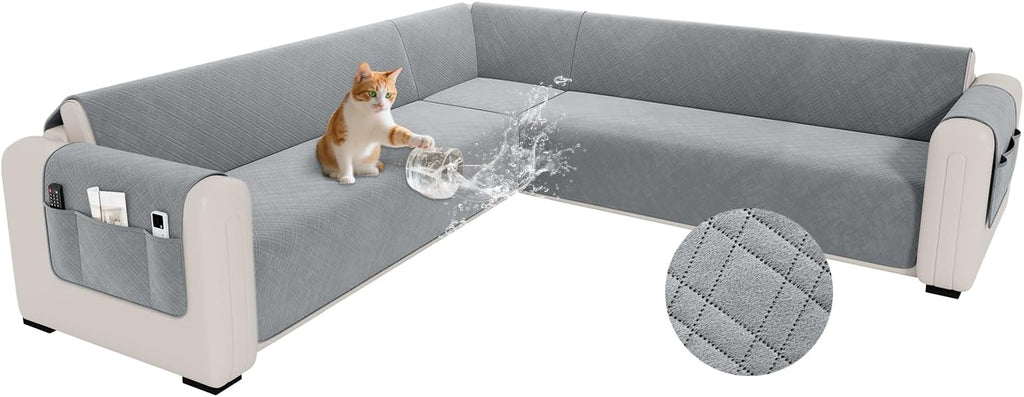 Waterproof L Shaped Couch Cover for Sectional Sofa Velvet Quilted Corner Sofa Cover L Shape Furniture Protector Slipcover Set with Non Slip Straps for Pets Dogs Kids (XX-Large, Silvery Grey)
