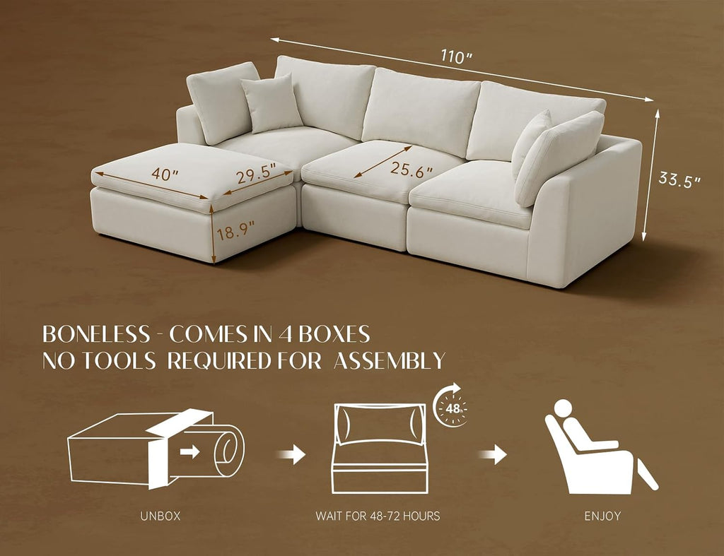 ohllob 110' Cloud Sectional Couches for Living Room, Convertible L-Shape Couch with Ottoman, 3 Seater Modular Sectional Sofa, Warm White