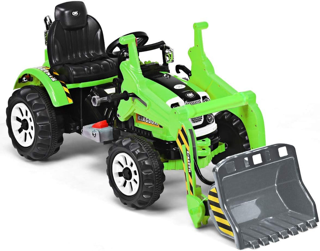 Costzon Ride on Excavator, 12V Battery Powered Construction Vehicles for Kids with Front Loader, Horn, Safety Belt, Treaded Wheels, Ride on Bulldozer Truck, Excavator Ride on Toy Gift for Boys Girls