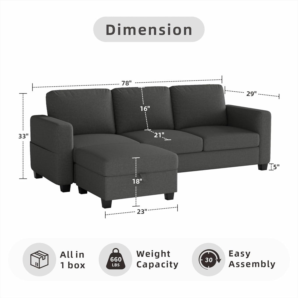 78' Sectional Sofa Couches for Living Room, Dark Grey Convertible L Shaped Couch with Storage Ottoman, Deep Seat Pet-Friendly Linen Fabric Sofa Set for Small Space, Apartment, Dorm