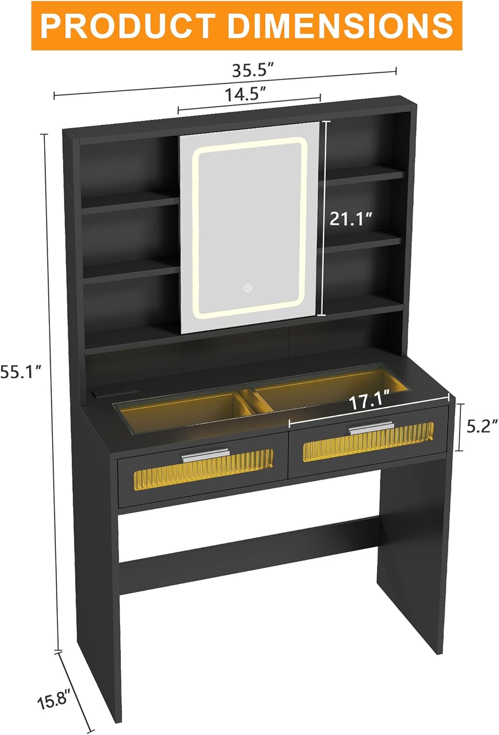 Hadulcet 35.5' Small Vanity Desk with Mirror and Lights, LED Makeup Vanity Desk with Glass Top, Power Outlets, 2 Acrylic Drawers, 7 Storage Shelves for Girls Women and Dressing Room, Black