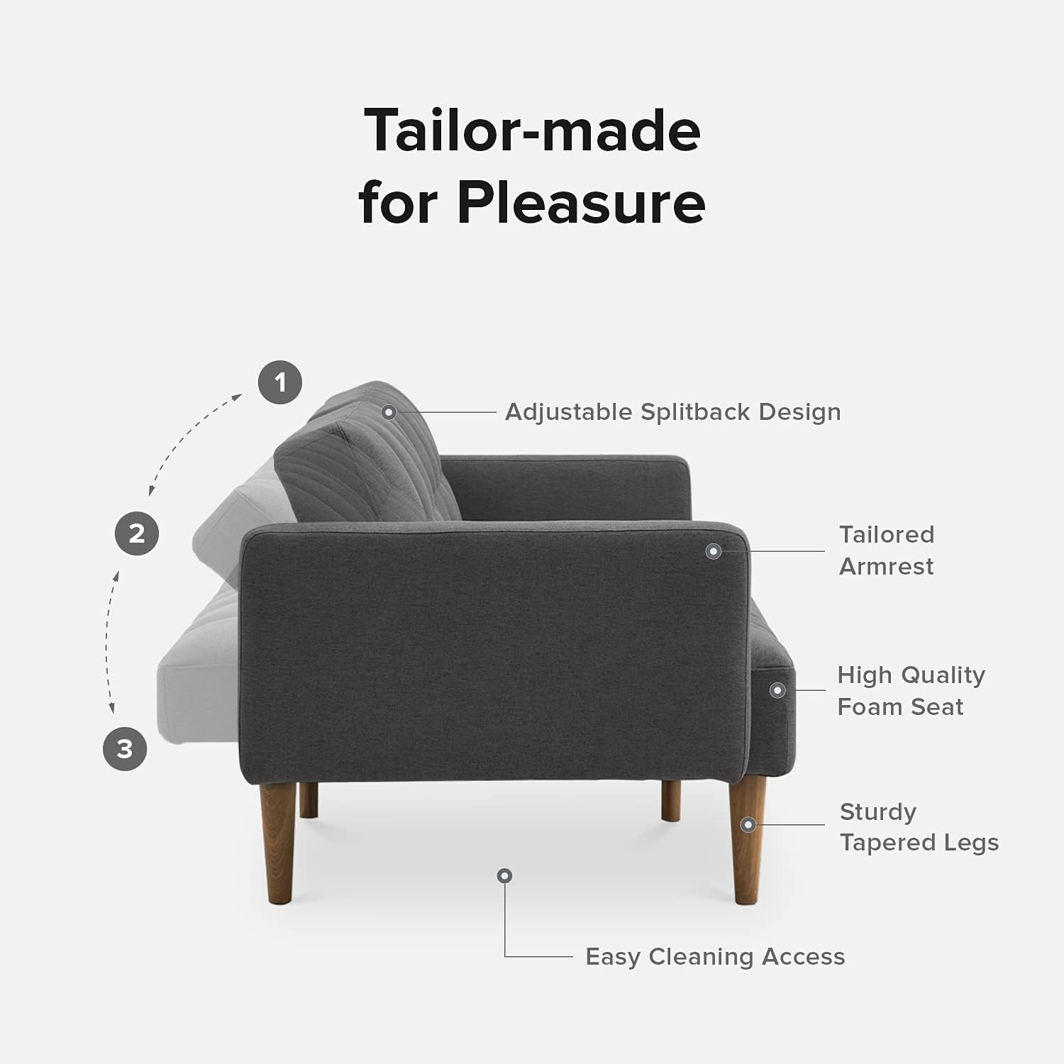 mopio Aaron 76.8' Couch, Small Futon Sofa Bed, Sleeper, Loveseat, Mid Century Modern Futon Couch, Sofa Cama, Couches for Living Room, Bedroom (Dark Grey Fabric)