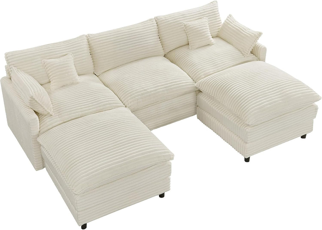 HYJT-H&K 108' U Shaped Cloud Couch Modular White Sectional Couches for Living Room, Comfy Fluffy Corduroy Oversized Cloud Sectional Couch Large 5 Seat Sectionals Sofa Set, White