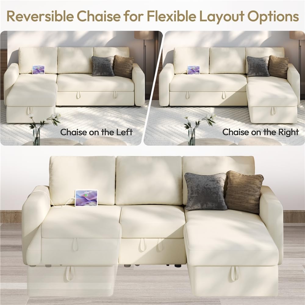 Yaheetech Sectional Sofa L-Shaped Sofa Couch Bed w/Chaise & USB, Reversible Couch Sleeper w/Pull Out Bed & Storage Space Living Room Beige