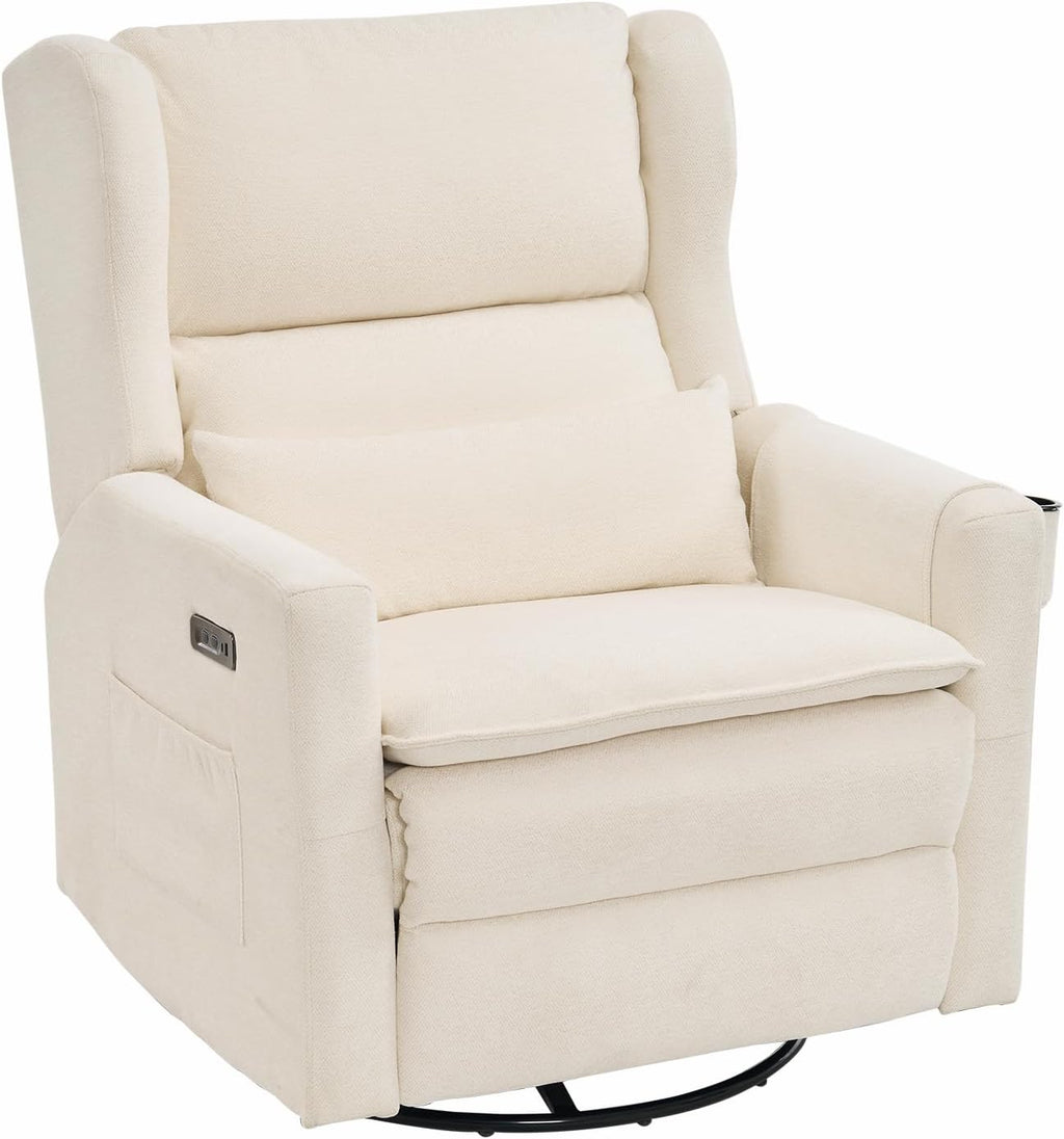 Power Recliner Chair Swivel Glider with Adjustable Headrest，Oversized Swivel Rocker Recliner with Lumbar Support, Upholstered Nursery Glider Recliner for Living Room,White