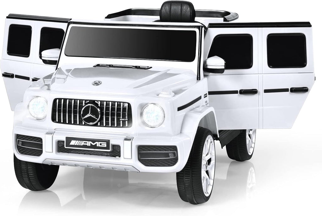 INFANS Licensed Mercedes Benz G63 Kids Ride On Car, 12V Electric Vehicle with Remote Control, Double Open Doors, Music, Bluetooth, Wheels Suspension, Battery Powered for Children Boy Girl (White)