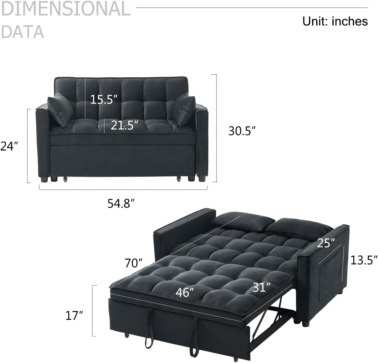 ECHINGLE Sleeper Sofa Bed, 3-in-1 Velvet Pull Out Couch with Armrests, Storage Pockets and 2 Pillows, Adjustable Backrest, Pull Out Sofa Bed Couch for Living Room, Bedroom(Black)