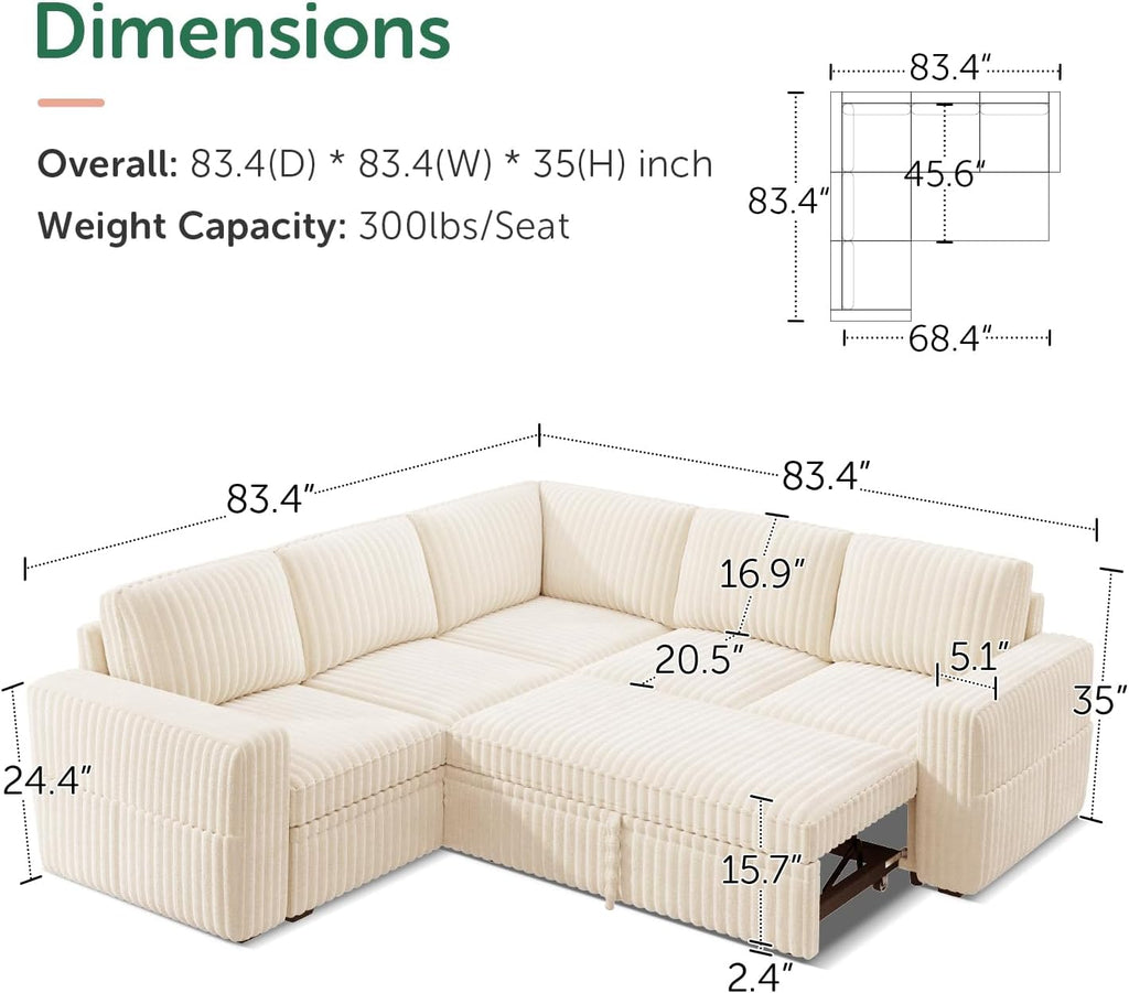 HONBAY Modular Sectional Sleeper Sofa with Pull Out Bed,Corduroy L Shaped Couch with Storage, Sectional Couches for Living Room,Beige
