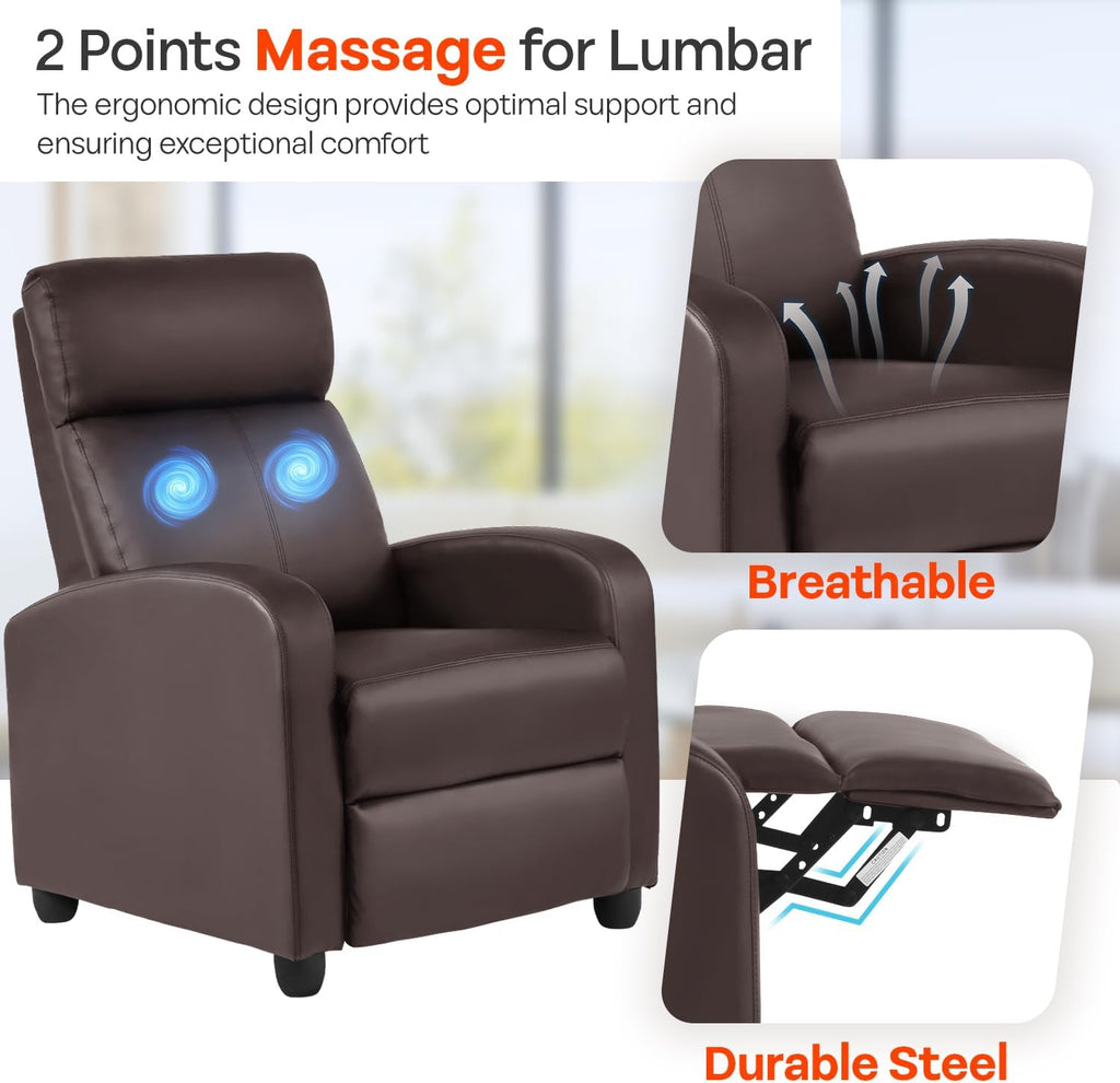 FDW Recliner Chair Massage Chair Reading Chair Reclining Sofa Home Theater Seating with Lumbar Support Massage and Padded Backrest for Living Room and Bedroom (Leather, Brown)