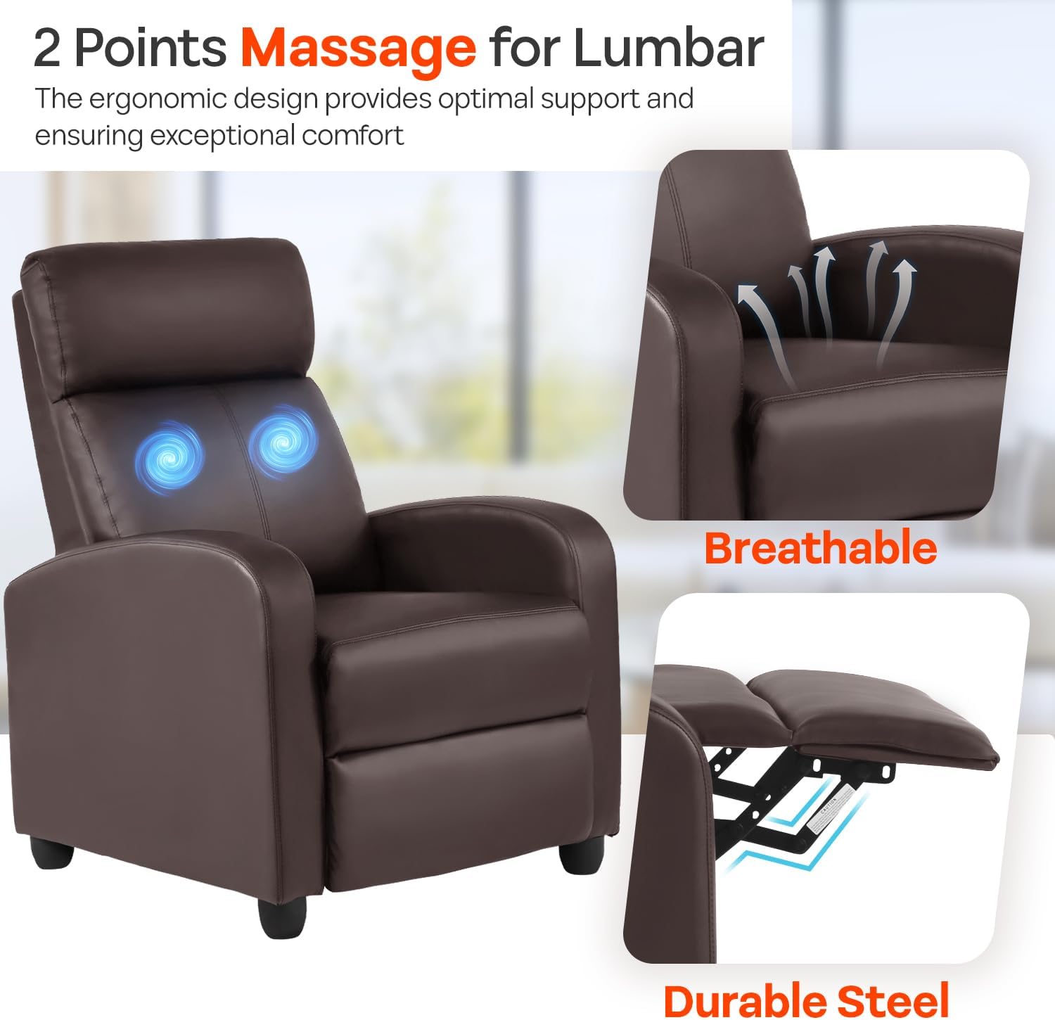FDW Recliner Chair Massage Chair Reading Chair Reclining Sofa Home Theater Seating with Lumbar Support Massage and Padded Backrest for Living Room and Bedroom (Leather, Brown)