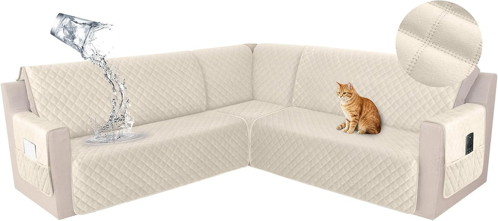 HDCAXKJ Waterproof Corner Sectional Couch Cover Velvet L Shape Sofa Covers for Pets Dogs Soft Heavy Duty U Shaped Sofa Slipcovers Sets for Sectional Non Slip Furniture Protector (Beige, Small)