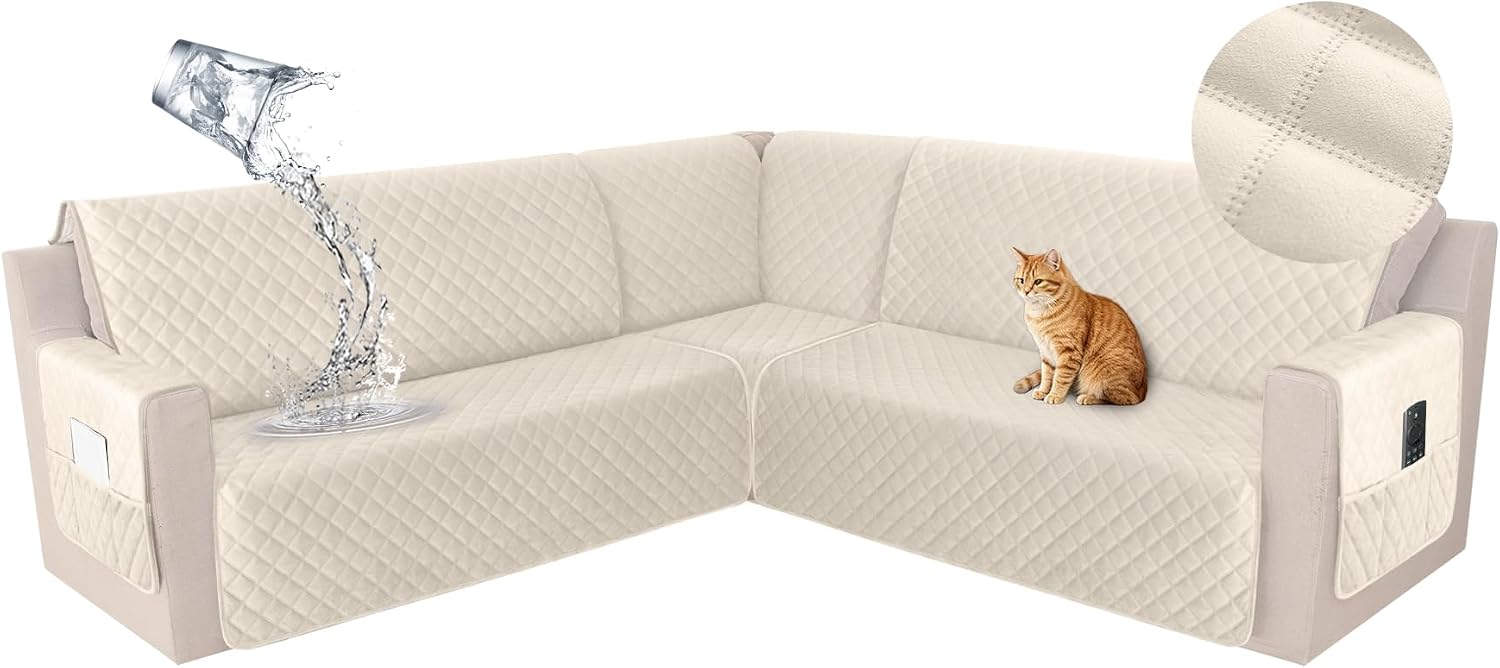 HDCAXKJ Waterproof Corner Sectional Couch Cover Velvet L Shape Sofa Covers for Pets Dogs Soft Heavy Duty U Shaped Sofa Slipcovers Sets for Sectional Non Slip Furniture Protector (Beige, Small)