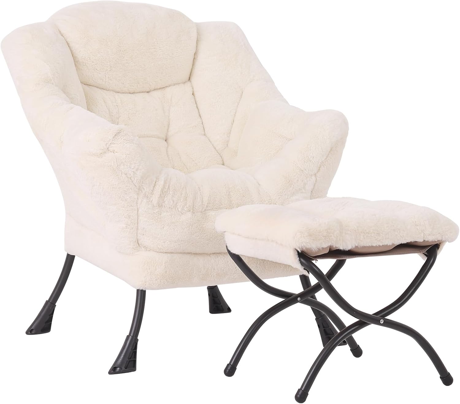 MBOOYOME Lazy Chair with Ottoman, Modern Accent Lounge Armchair with Side Pocket & Foldable Footstool, Leisure Reading Chair for Living Room, Bedroom, Dorm & Office, Plush Beige