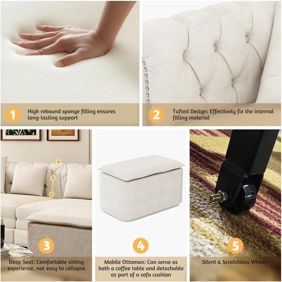 3 in 1 Oversized Chesterfield Loveseat Sofa Convertible Pull Out Sleeper Sofabed King Size Couch Bed w/Movable Ottoman and Nailhead Trim for Living Room Tufted Velvet Recliner Daybed Sofacama