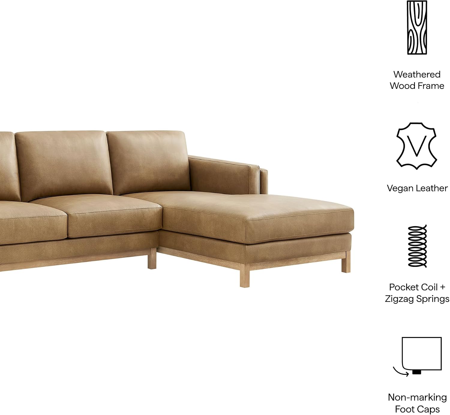 Modway Roscoe Right-Facing Sectional Sofa with Chaise in Toast - 2-Piece Faux Leather Upholstered Deep Seat Couch, L Shaped Modular for Living Room or Lounge