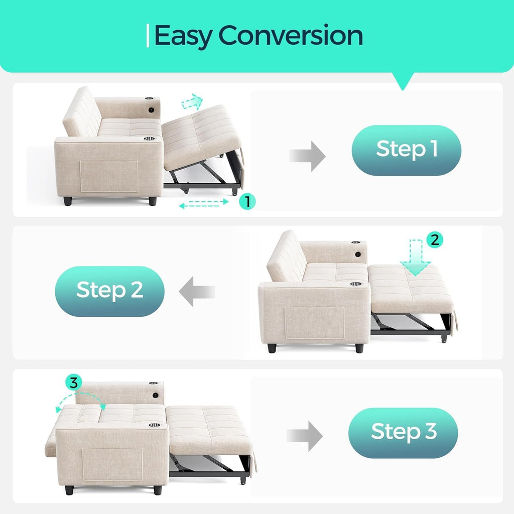 LINSY Sleeper Sofa Bed, 54' Pull Out Couch with Charging Station & Cup Holder, Small 3 in 1 Convertible Loveseat Sleeper Couch for Apartment, Dorm Room, Bedroom and Small Space(Chenille Beige)
