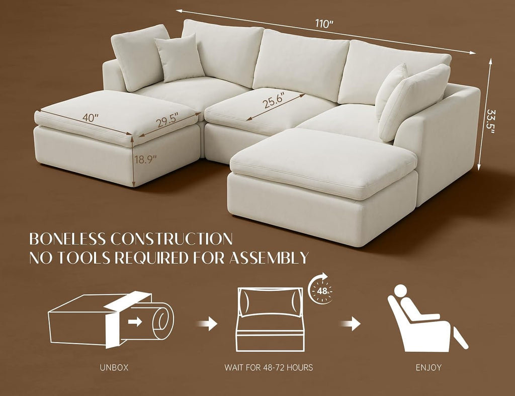 ohllob 110' Cloud Sectional Couches for Living Room, Boneless U Shaped Couch with Ottoman, 3 Seater Modular Sectional Sofa, Warm White