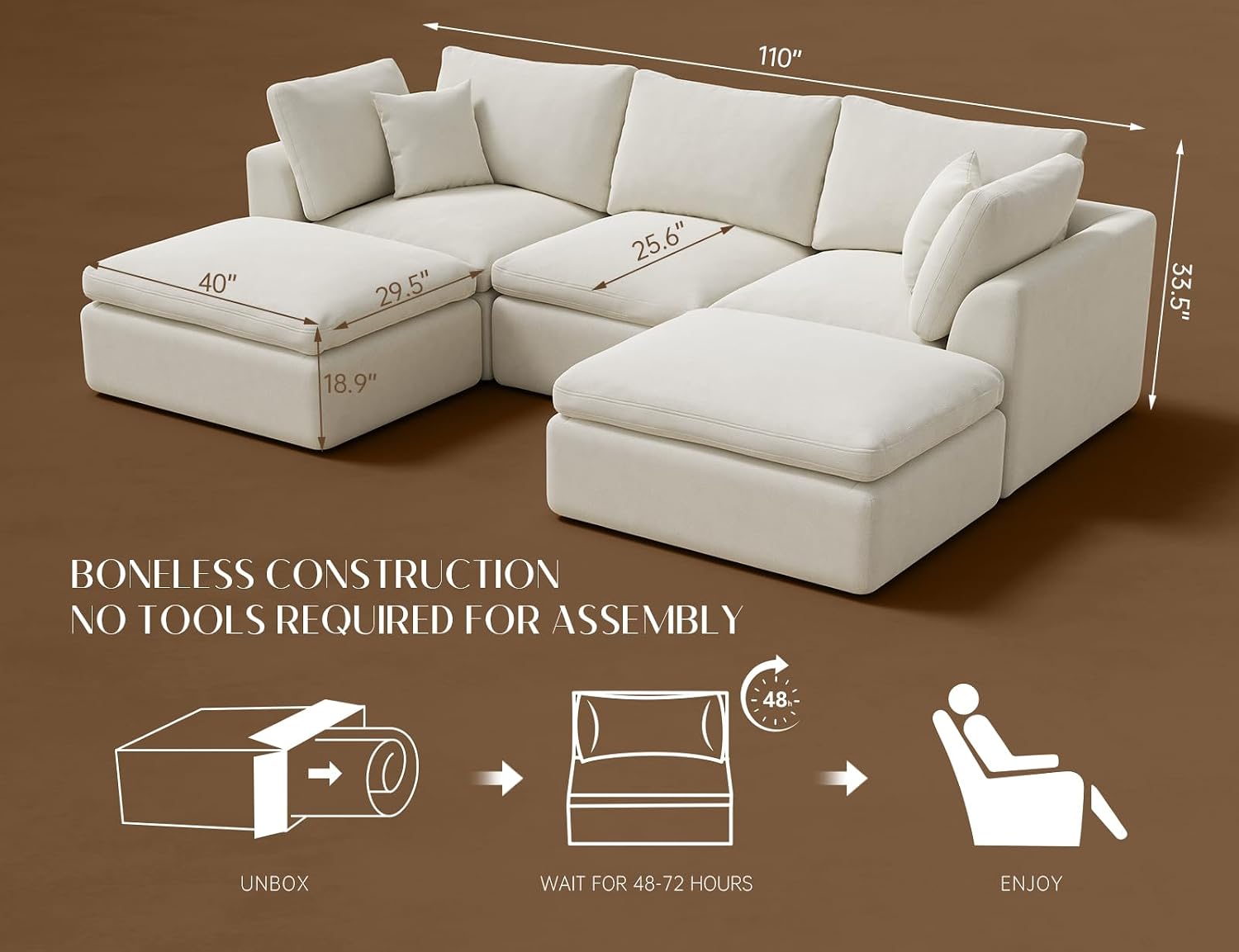 ohllob 110' Cloud Sectional Couches for Living Room, Boneless U Shaped Couch with Ottoman, 3 Seater Modular Sectional Sofa, Warm White
