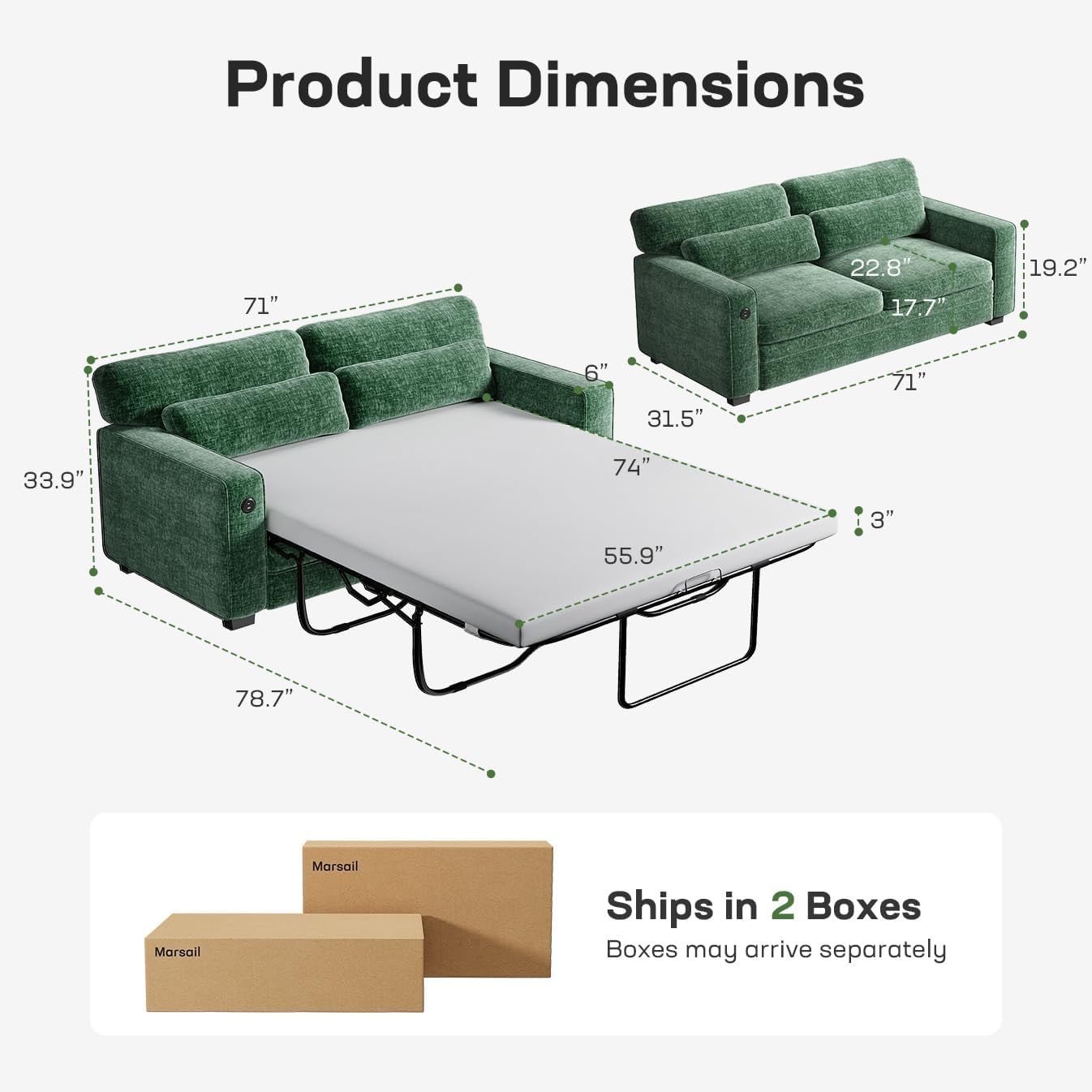 Marsail Pull Out Sofa Bed, Queen Size Sleeper Sofa with Memory Foam Mattress, 2-in-1 Convertible Chenille Couch Bed with 2 USB Charging and Removable Covers, Loveseat for Living Room, Apartment, Green