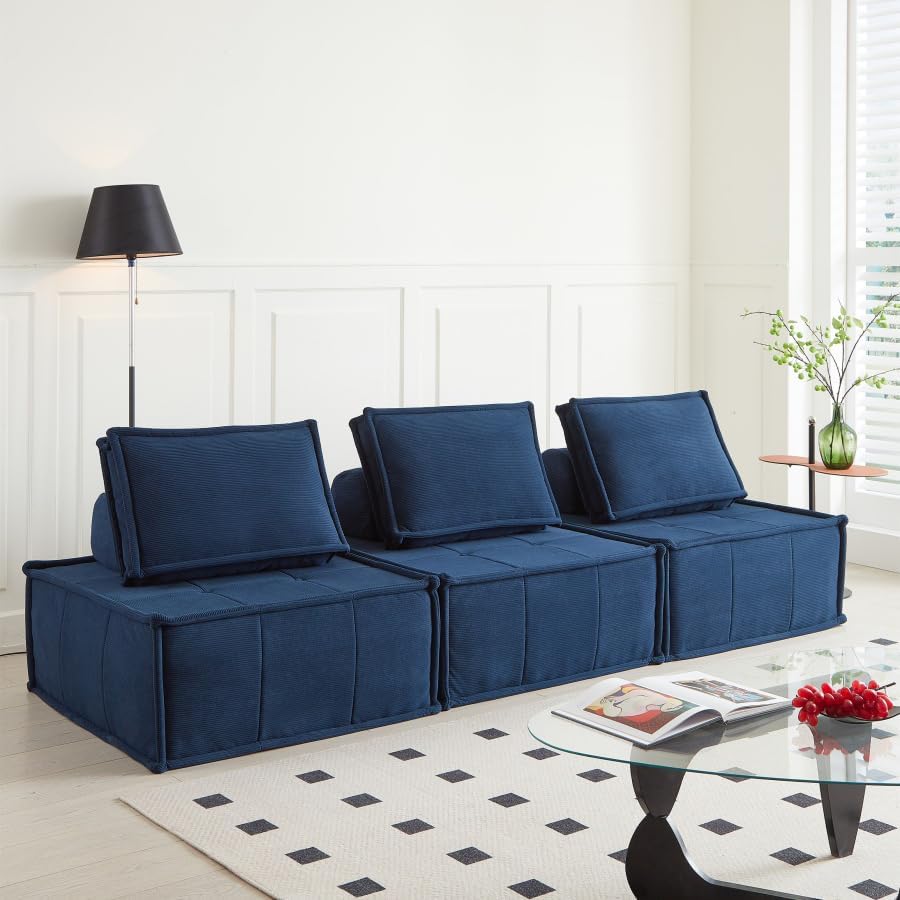 PurrJoys Modular Sectional Sofa, 3-Piece 105' Deep Seat Corduroy Lounge Sofa with Movable Cushions, Modular Couch for Small Spaces, Living Room, Bedroom, Apartment, Office - Blue