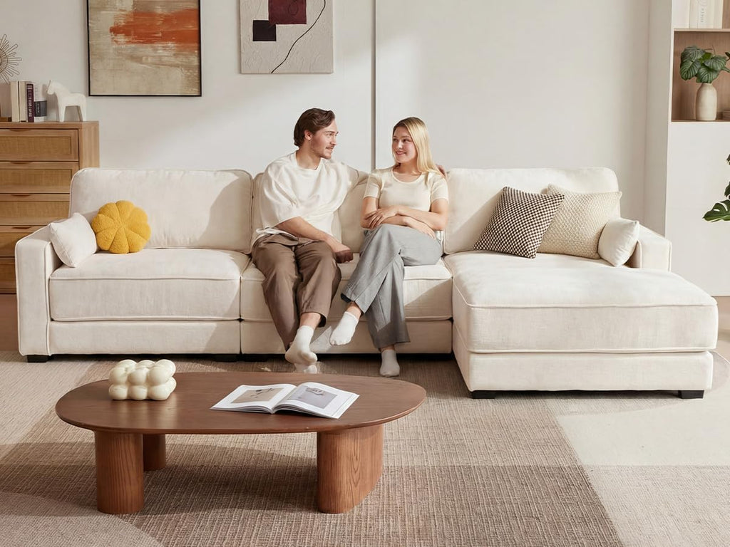 Vipbear 120' Oversized Modular Sectional Sofa, L Shaped Couch Set with 2 Pillows, 4 Seat Comfy Cloud Couches with Movable Ottoman for Living Room, Bedroom and Apartment, Chenille Beige