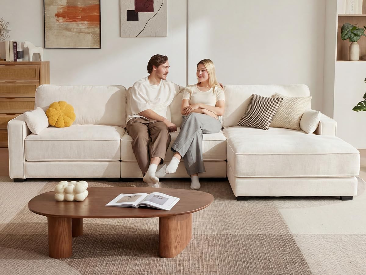 Vipbear 120' Oversized Modular Sectional Sofa, L Shaped Couch Set with 2 Pillows, 4 Seat Comfy Cloud Couches with Movable Ottoman for Living Room, Bedroom and Apartment, Chenille Beige