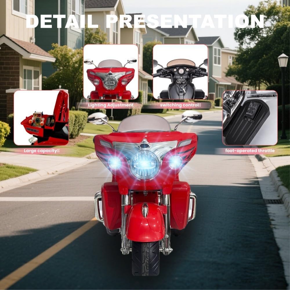 Kids Motorcycle | 12V Electric Ride-On Motorcycle for Kids Ages 3-8 | 2-Seat, 3-Wheel Toy Car with Bluetooth, LED Lights | Safe Toy Vehicle Gift (Red)
