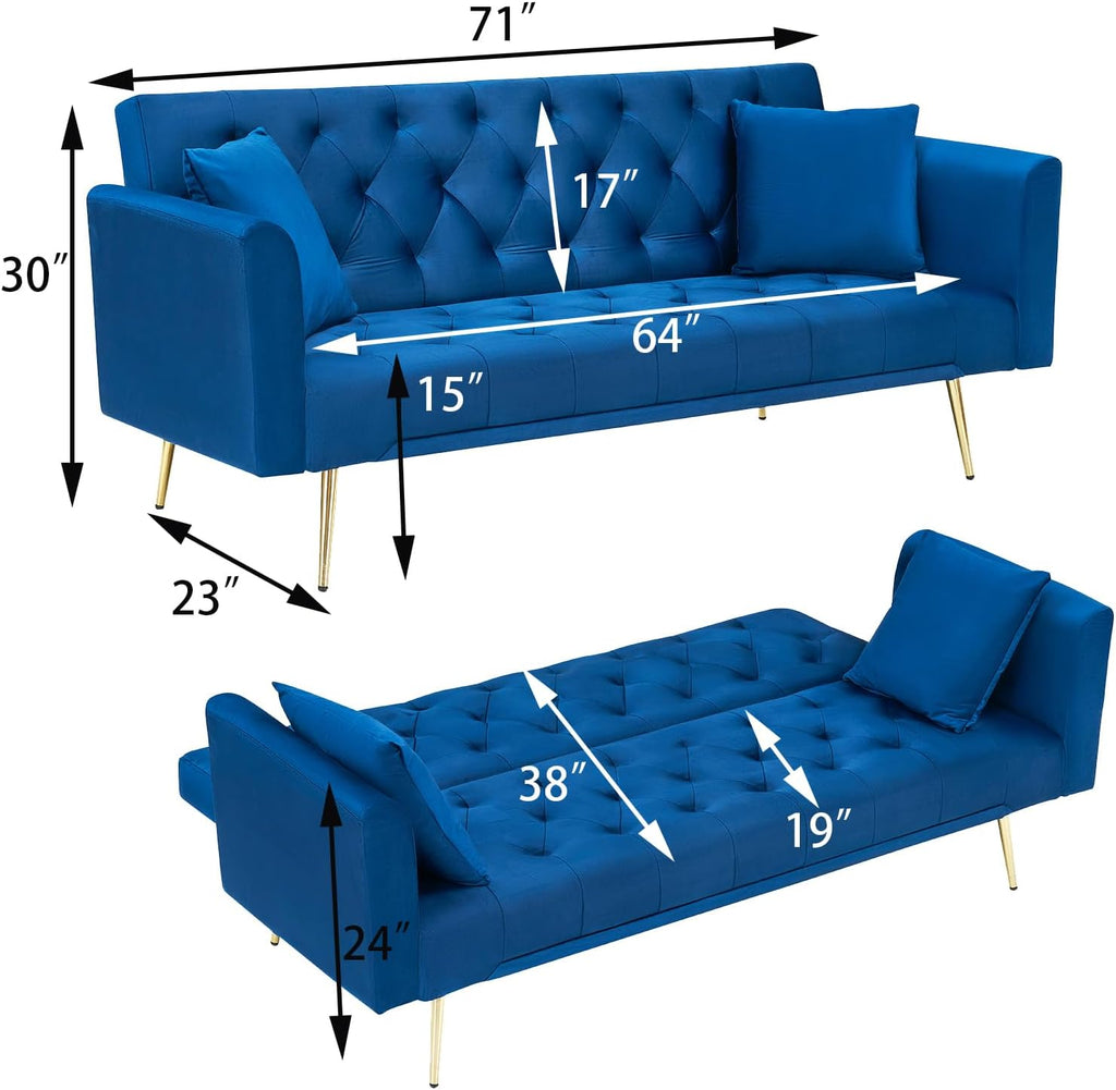 71' Modern Velvet Sofa Bed Futon, Convertible Sleeper Couch with Adjustable Backrest, Tufted Recliner Loveseat with Golden Chrome Legs & 2 Pillows for Small Spaces, Living Room, Apartment (Blue)