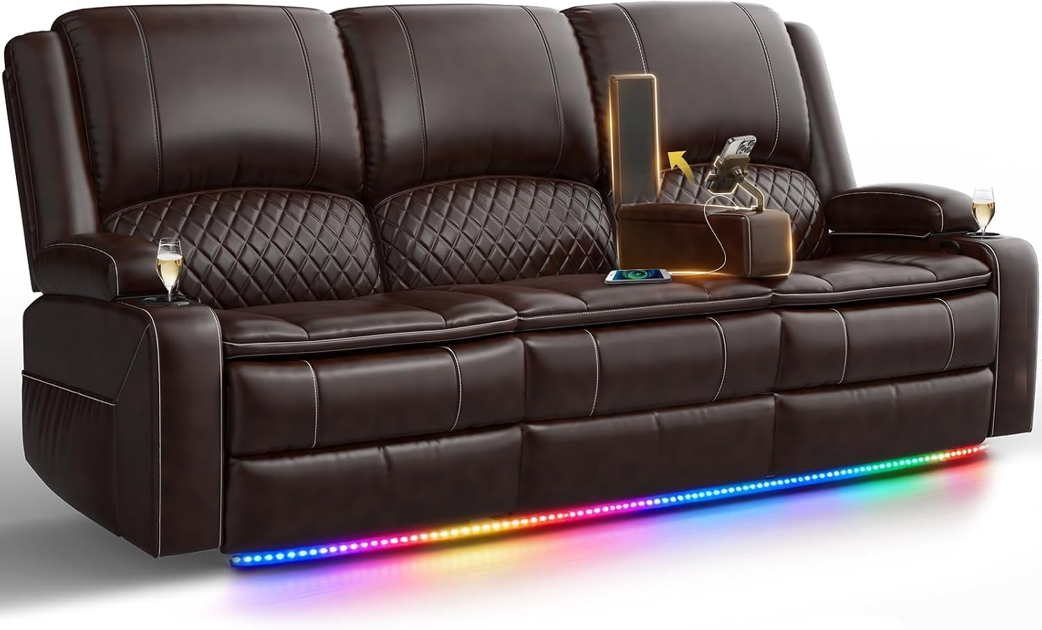2026 Upgraded Recliner Sofa 3 Seater Couch with Recliner, Home Theater Seating with Liftable Console & Removable Armrest, Manual PU Leather Sofa Reclining with Storage & USB Ports (PU,Brown)
