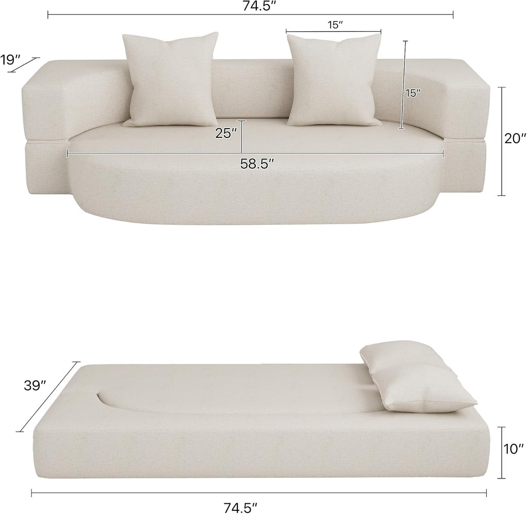 HENGJIANYI Folding Sofa Bed, Convertible Futon Sleeper Bed, 2-in-1 Foldable Floor Mattress, Breathable High-Density Foam Lazy Couch, Twin Size Comfy Lounge Chair with 2 Pillows, Beige