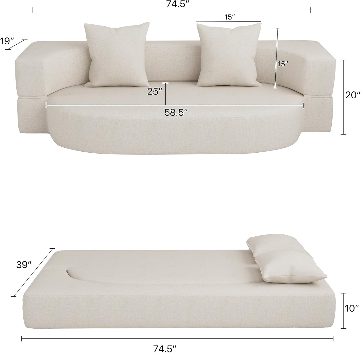 HENGJIANYI Folding Sofa Bed, Convertible Futon Sleeper Bed, 2-in-1 Foldable Floor Mattress, Breathable High-Density Foam Lazy Couch, Twin Size Comfy Lounge Chair with 2 Pillows, Beige