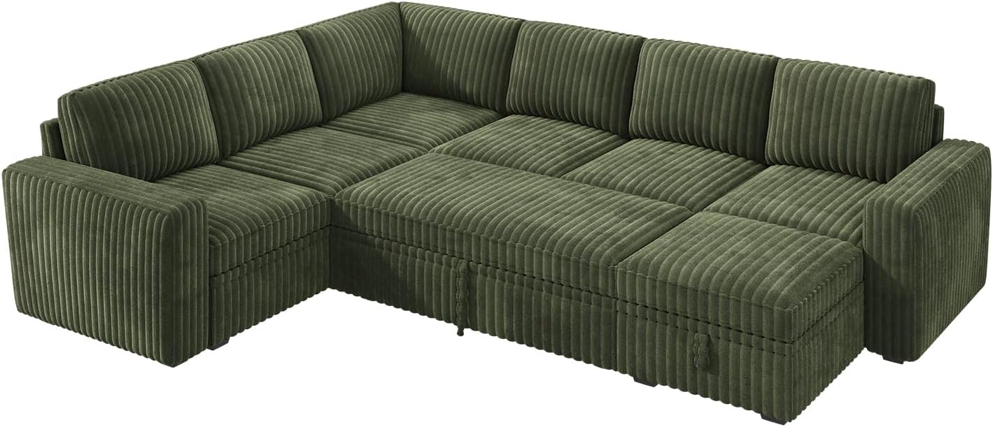 HONBAY Modular Sectional Sleeper Sofa with Pull Out Bed,Corduroy U Shaped Couch with Storage, Sectional Couches for Living Room,Green